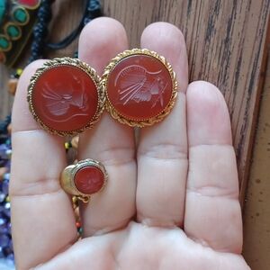 Vintage PRK Carved Carnelian Spartan Tie tac and Cufflinks, 12K gold filled